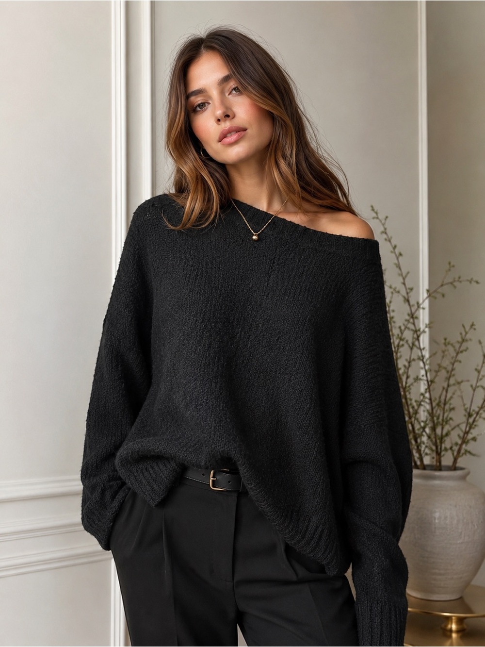 Alice + Olivia Black Bouclé‎ Textured Oversized Wool Cashmere Blend Cozy Sweater